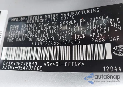 2011 Toyota Camry Le из США, поврежденный, VIN 4T1BF3EK5BU136845